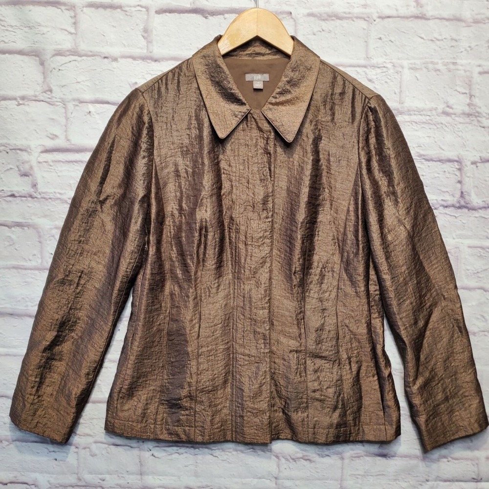J Jill Metallic Zip Up Blazer Jacket Womens 10 Brown Bronze Lined Pockets Shiny
